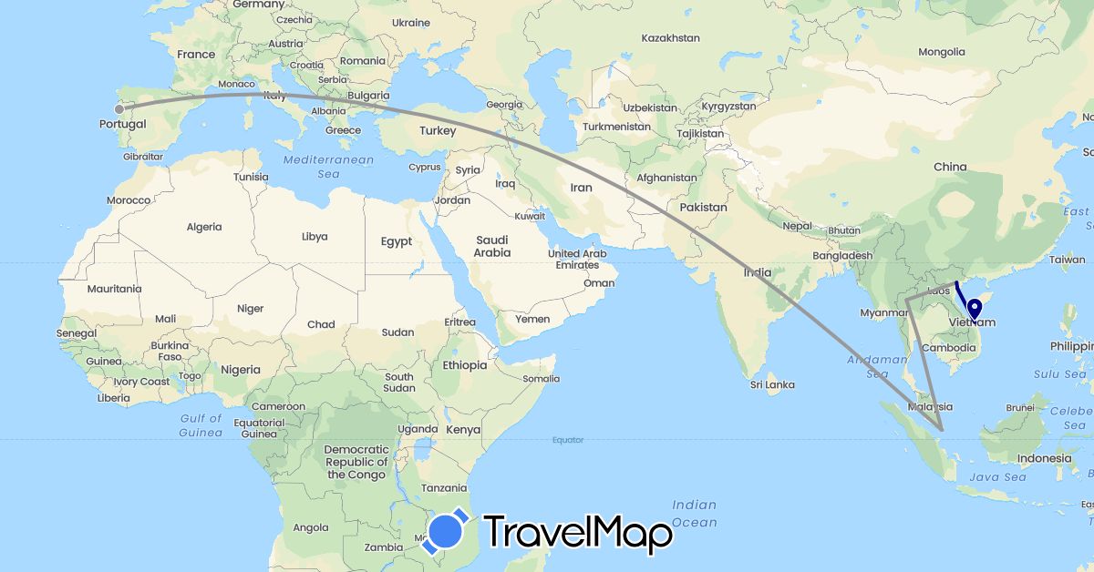 TravelMap itinerary: driving, plane in Portugal, Singapore, Thailand, Turkey, Vietnam (Asia, Europe)